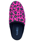 A single Coma Toes lounge slipper by Faire with a bright pink and black leopard print, black sole, and branded insole—perfect for cozy comfort at home.