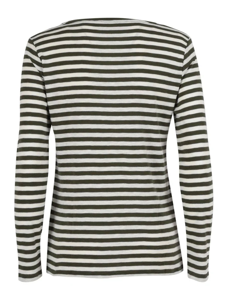 The Majestic Filatures Organic Cotton Stripe L/S Crewneck is a soft, round neck T-shirt with black and white horizontal stripes, shown from the back. It features a classic, simple design made from organic cotton.