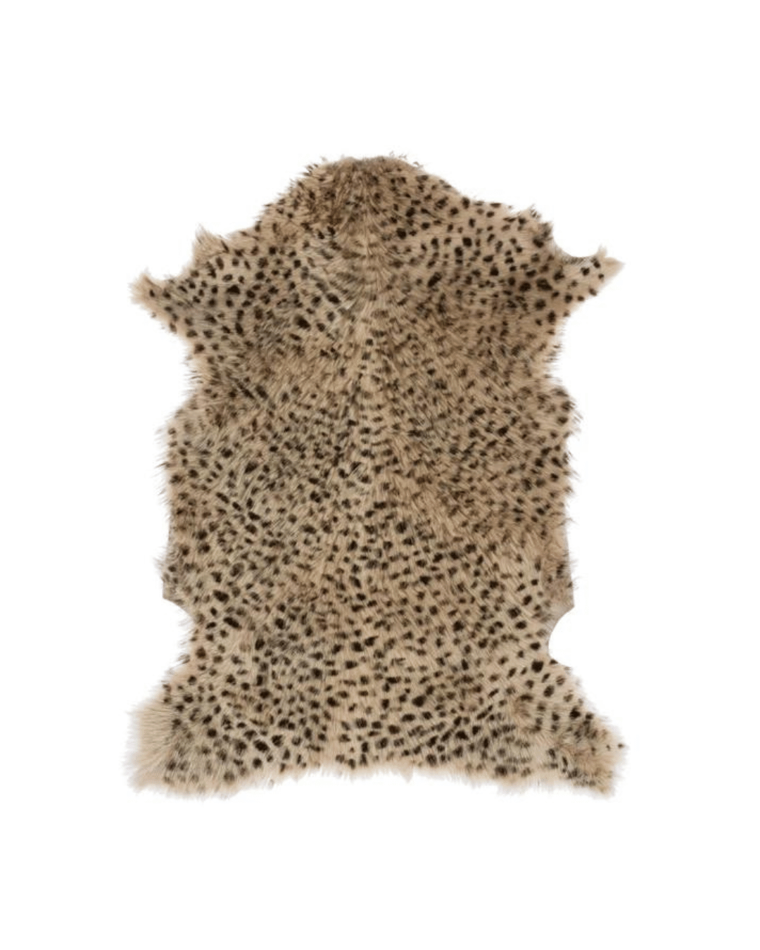 Introducing the Goat Fur Rug Leopard Print by Creative Co-op: This rug offers a luxurious silky feel and fur-like texture. It features an irregular shape with jagged edges, resembling an animal pelt. The surface is adorned with dark spots set against a tan background, perfectly mimicking the appearance of leopard fur.