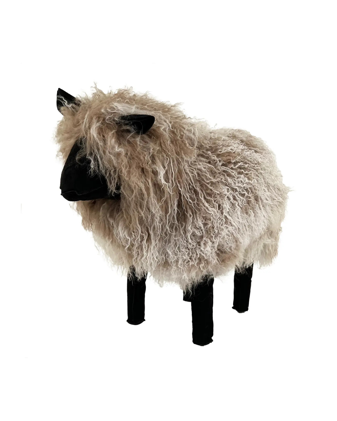 The Faire Tibetan Lamb Sheep is a high-quality sculpture with a fluffy, curly beige wool body resembling Tibetan Lamb and black features on its face and legs, set against a white background—ideal as an elegant nursery accessory.