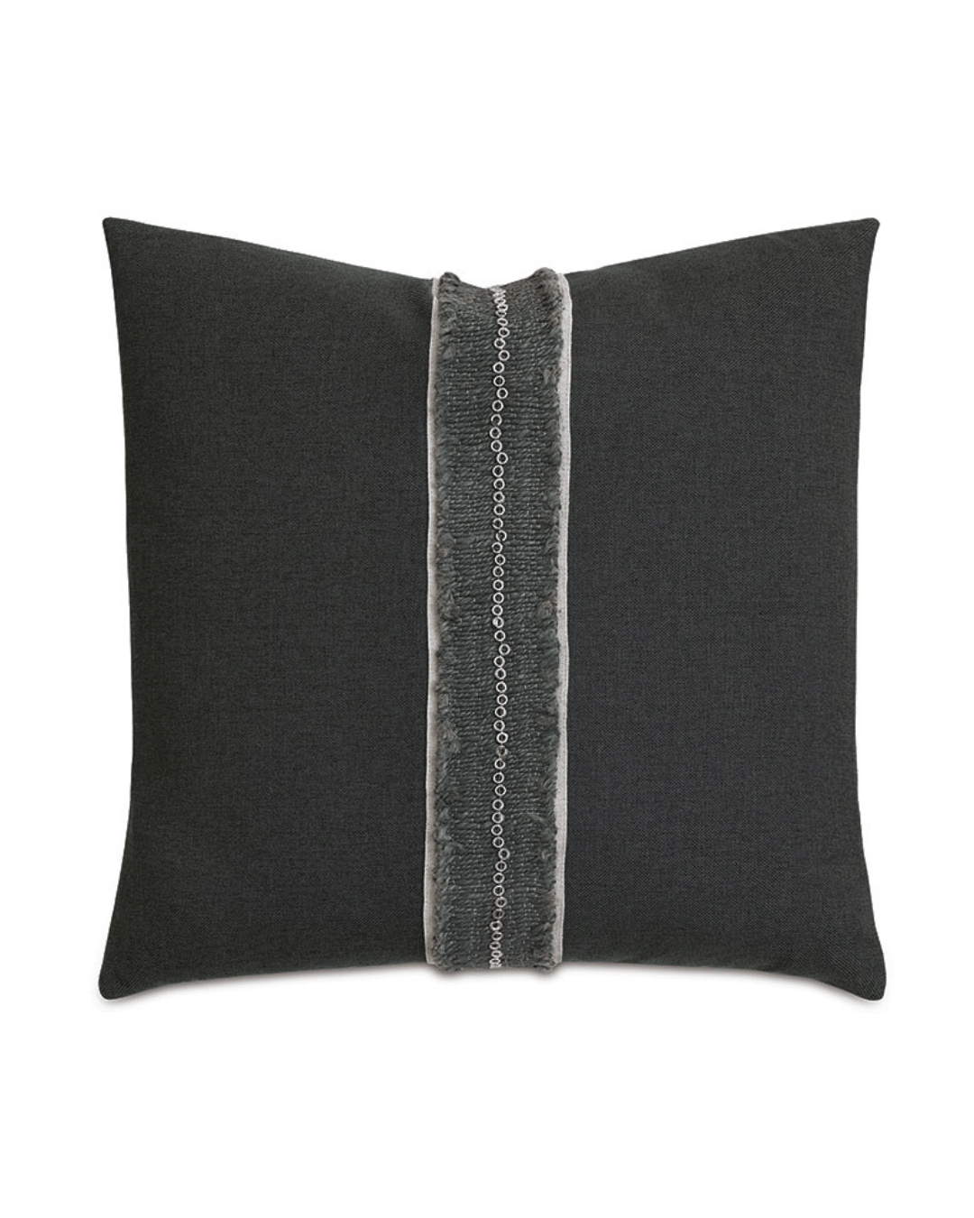 Discover the Modesta Grommet Border decorative pillow from Eastern Accents: a luxurious dark gray square design featuring a velvet stripe and chain-like pattern. Expertly crafted with a smooth texture and subtle border trim, this 22x22 piece brings an elegant touch to any setting.