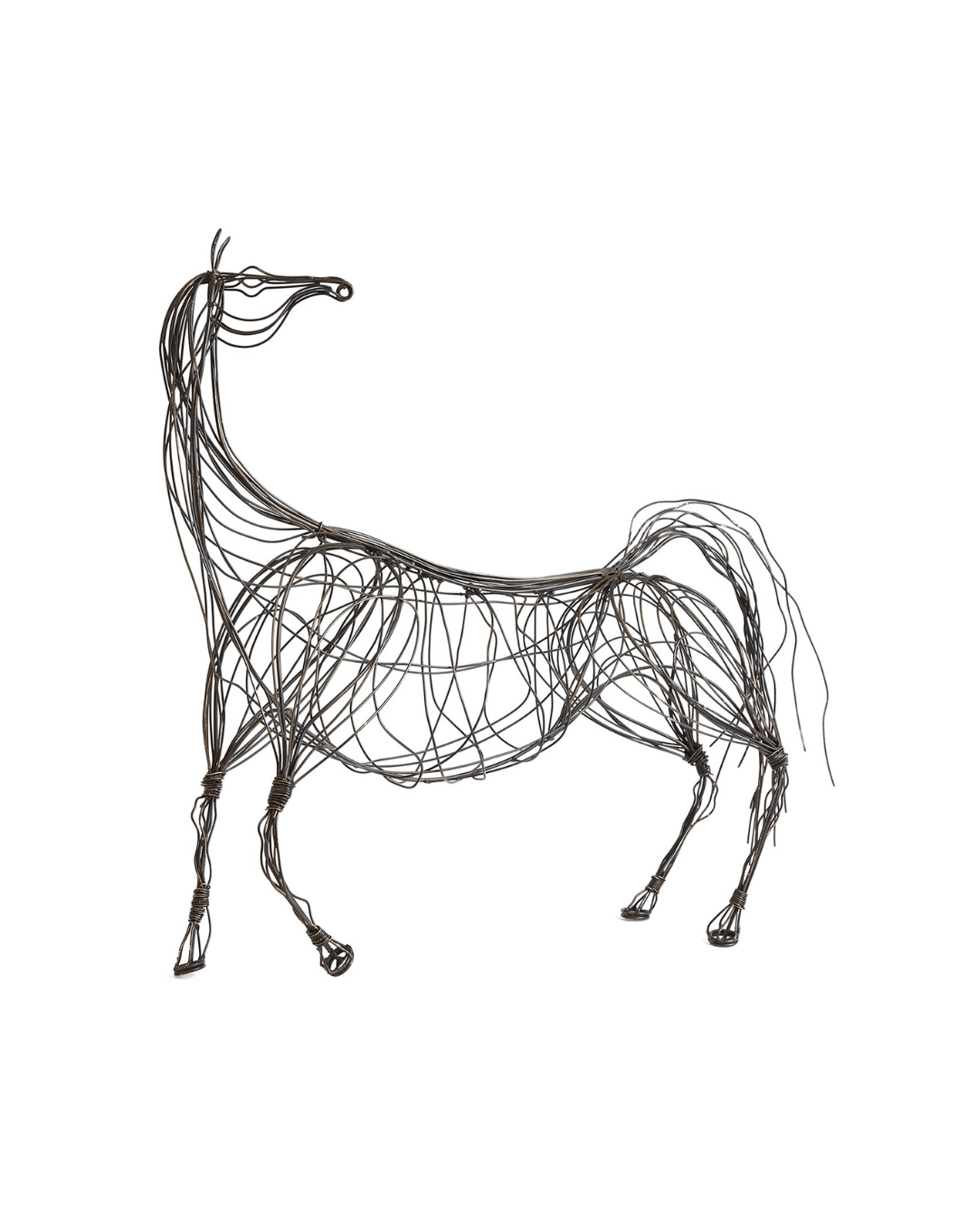 The Ming Dynasty Horse-Antique Bronze-Large by Global Views is a wire-sculpted sculpture capturing the elegant form of a horse in a standing position, reminiscent of Ming Dynasty art, with minimalistic lines against a plain white background.