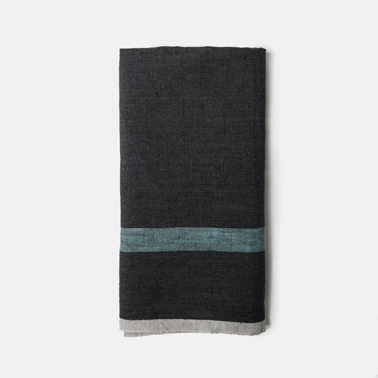 The Faire CH Tea Towels S/2 showcases a dark gray folded tea towel with a teal stripe near one end and a light gray accent along the bottom edge, inspired by Antibes style, displayed against a plain white background.