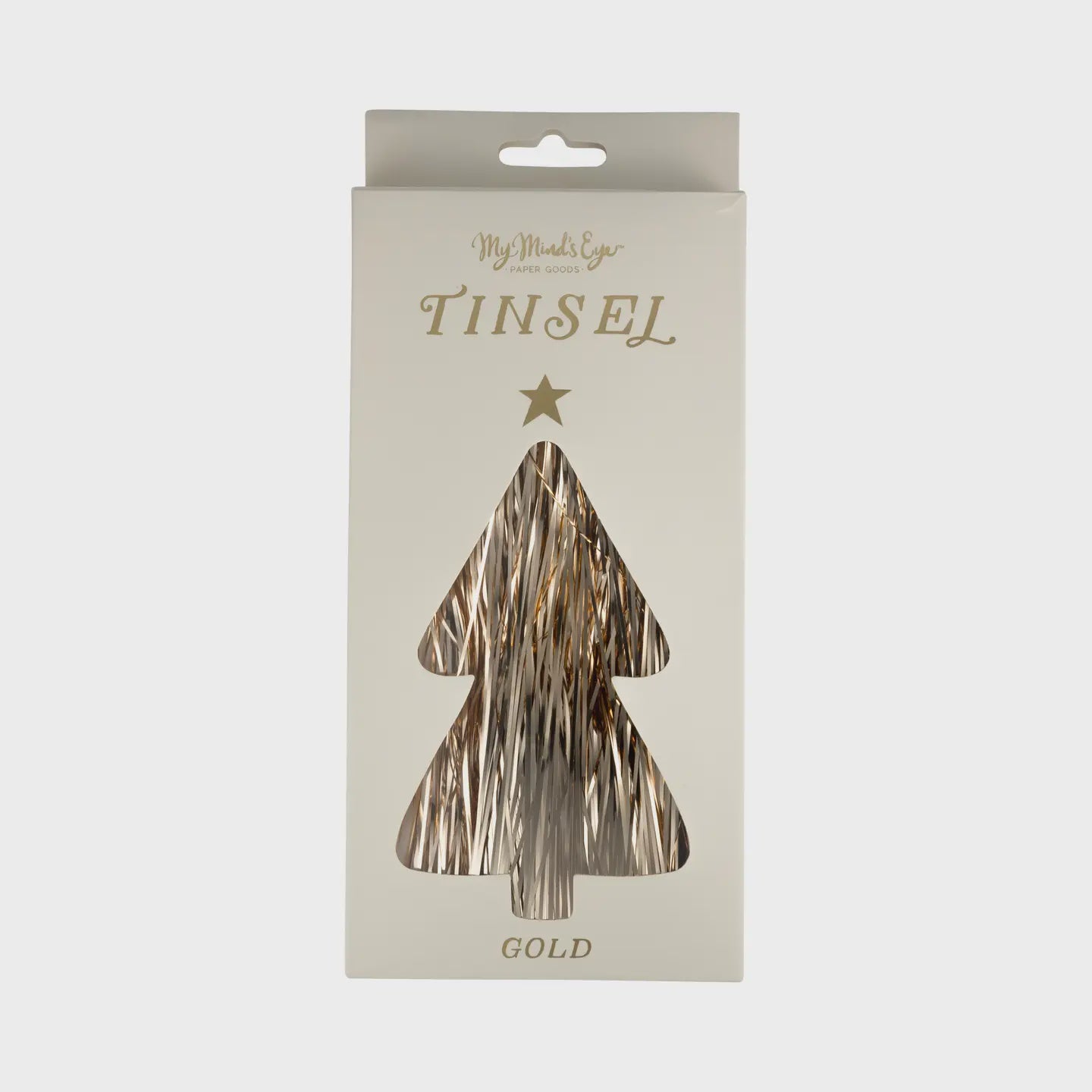 A package of Faire's Tinsel is displayed, featuring a tree-shaped cutout that reveals the shiny holiday decor inside. The word "TINSEL" glimmers on the front, with a small star and "GOLD" elegantly printed below.