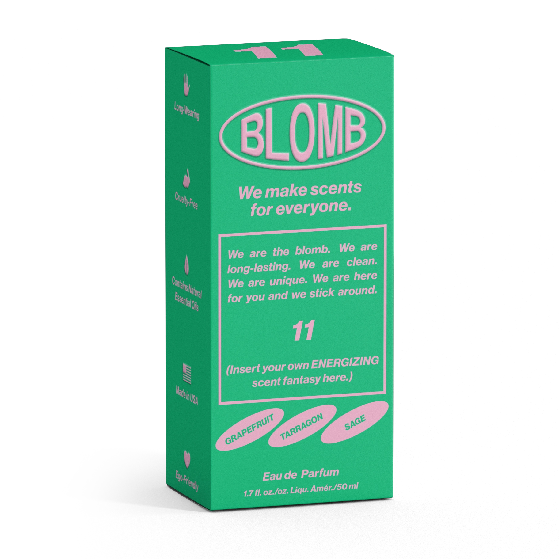 Faire’s Blomb Eau de Parfum comes in a green and pink 50 ml (1.7 fl oz) box, featuring unique, long-lasting scents with fresh bergamot, grapefruit, tarragon, sage, and skin musk—perfect for everyone.