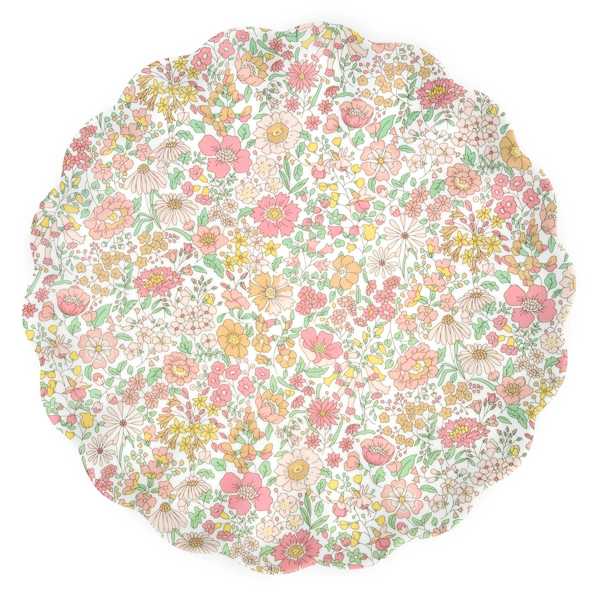 The Faire Mixed Set Reusable Large Plates feature round, scalloped-edge melamine with dense pink, yellow, and orange floral patterns and green leaves on white—perfect as decorative party plates.