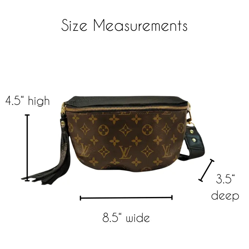The Faire Upcycled Belt Bag, shown in brown canvas with a gold monogram pattern, measures 4.5" H x 3.5" D x 8.5" W and features a zipper and side tassel, offering both style and practicality.