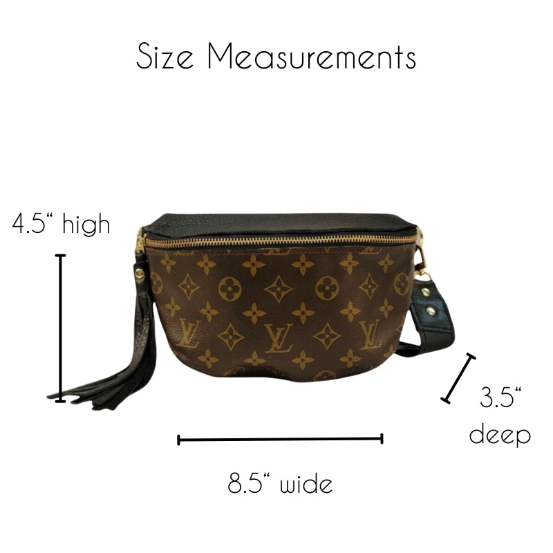 The Faire Britt Belt Bag in black leather is shown, measuring 4.5" high, 8.5" wide, and 3.5" deep. A black zipper and side tassel add style to this sustainable luxury accessory.