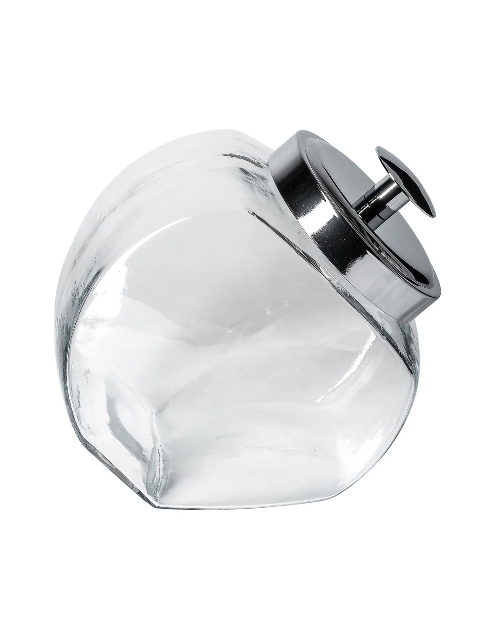 The Faire AH Penny Candy Jar 2qt features clear glass with a wide, angled opening and a shiny metal lid, shown lying on its side against a white background—ideal for stylish countertop storage.