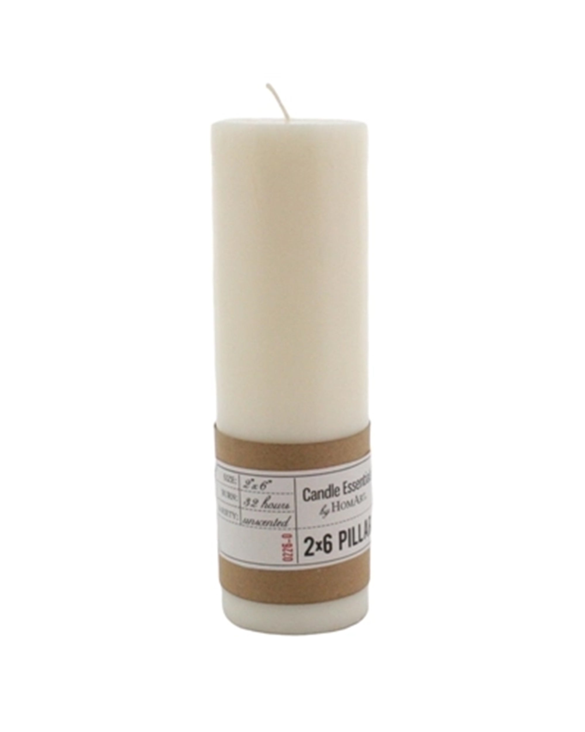The HomArt Ivory Pillar 2x6 is a tall, white unscented candle made from paraffin and palm wax. It has a single cotton wick and features a brown paper label with product details wrapped around its base.