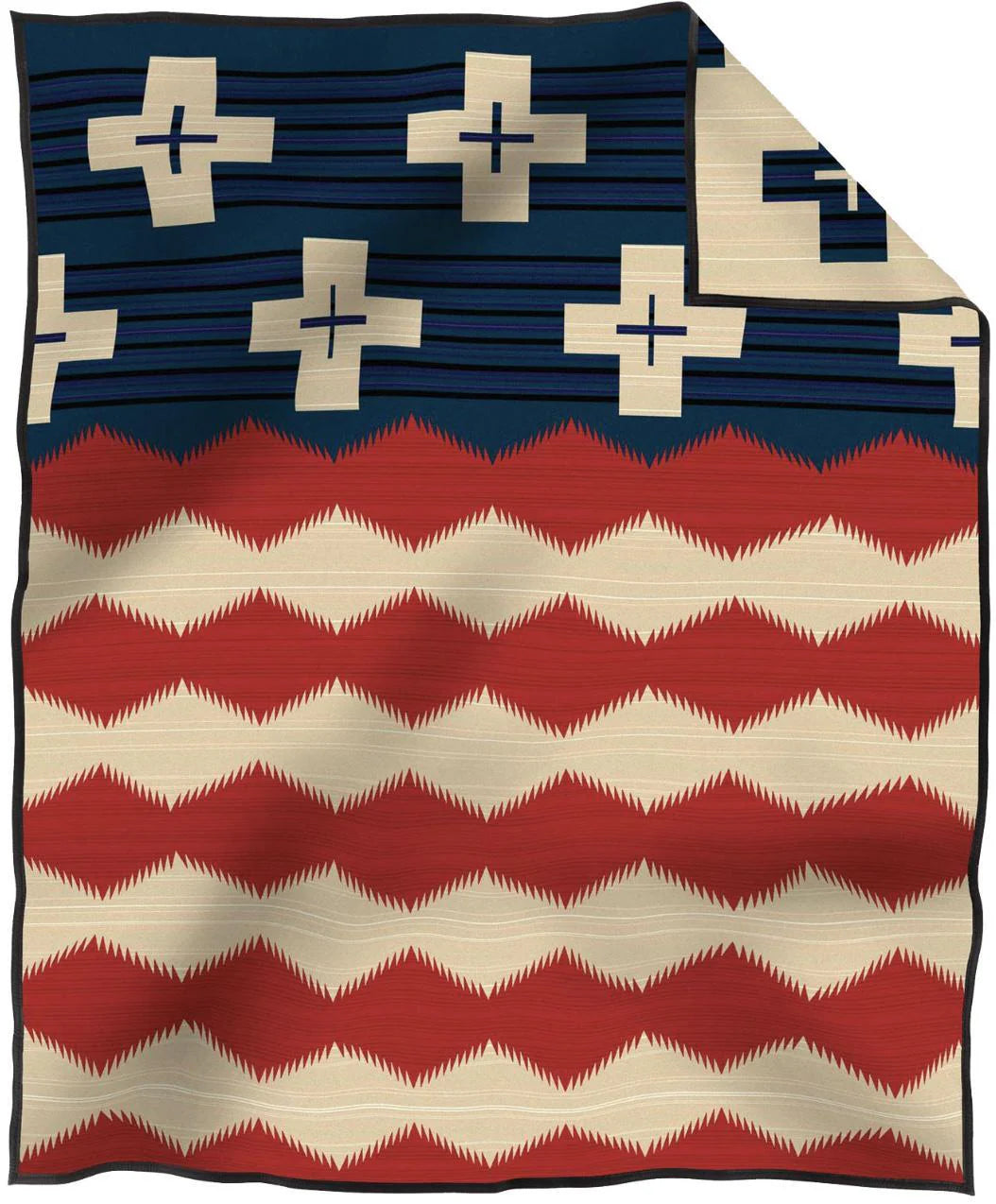 The Jacquard Robe by Pendleton/Babbitt's Wholesale is a woven wool blanket featuring navy and cream crosses on dark blue and wavy red and cream stripes, with a folded corner showing the reverse. Inspired by Native American designs, made in USA.