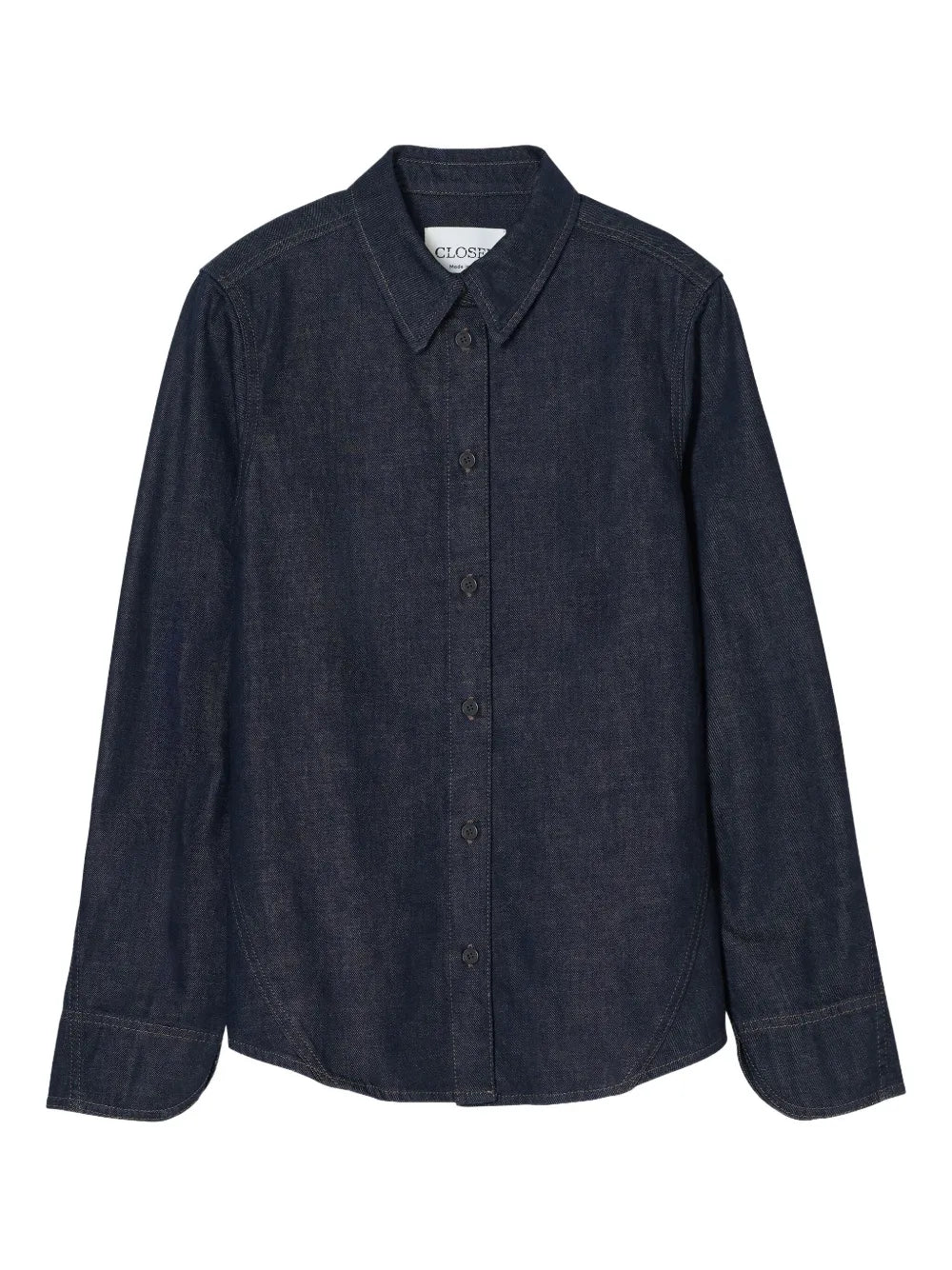 The CLOSED Seaming Shirt is a dark blue cotton denim shirt featuring long sleeves, a collar, button-down front, and visible stitching, shown laid flat on a white background.