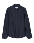 The CLOSED Seaming Shirt is a dark blue cotton denim shirt featuring long sleeves, a collar, button-down front, and visible stitching, shown laid flat on a white background.