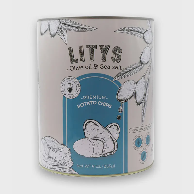 A cylindrical container of Faire's Litys Chips 9 oz, adorned with illustrations of olive branches and potatoes, emphasizes "Extra virgin olive oil & sea salt" to attract health-conscious consumers and highlights its natural ingredients for an authentic taste. The net weight is 9 oz (255g).