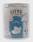 A cylindrical container of Faire's Litys Chips 9 oz, adorned with illustrations of olive branches and potatoes, emphasizes "Extra virgin olive oil & sea salt" to attract health-conscious consumers and highlights its natural ingredients for an authentic taste. The net weight is 9 oz (255g).