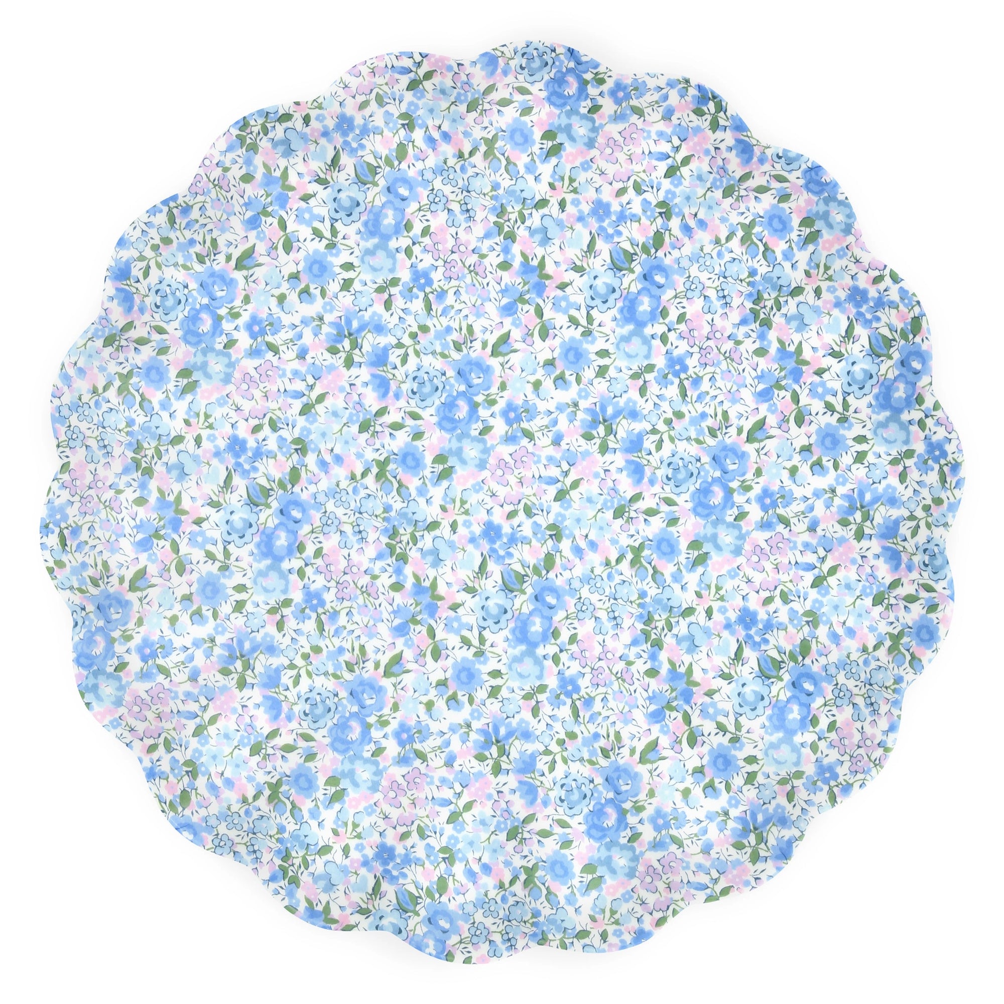 The Faire Mixed Set Reusable Large Plates are round, melamine plates with scalloped edges and a delicate blue, purple, and white floral pattern with green leaves—perfect as decorative party plates.
