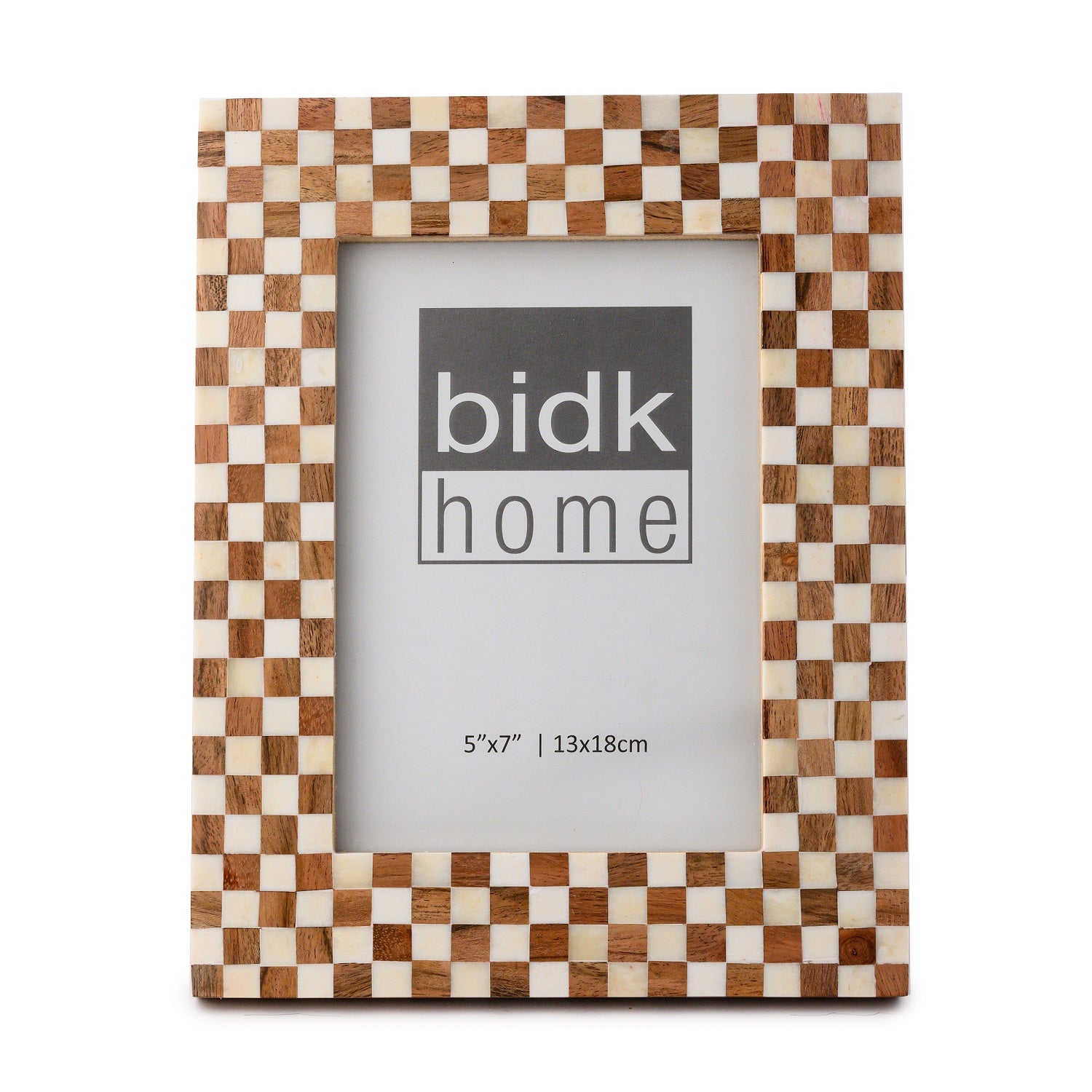 The BIDK Home 5x7 Bone/Wood Frame features a brown and white checkered pattern and includes a "bidk home" placeholder image with size details (5x7” | 13x18cm)—a chic touch for elegant decor.