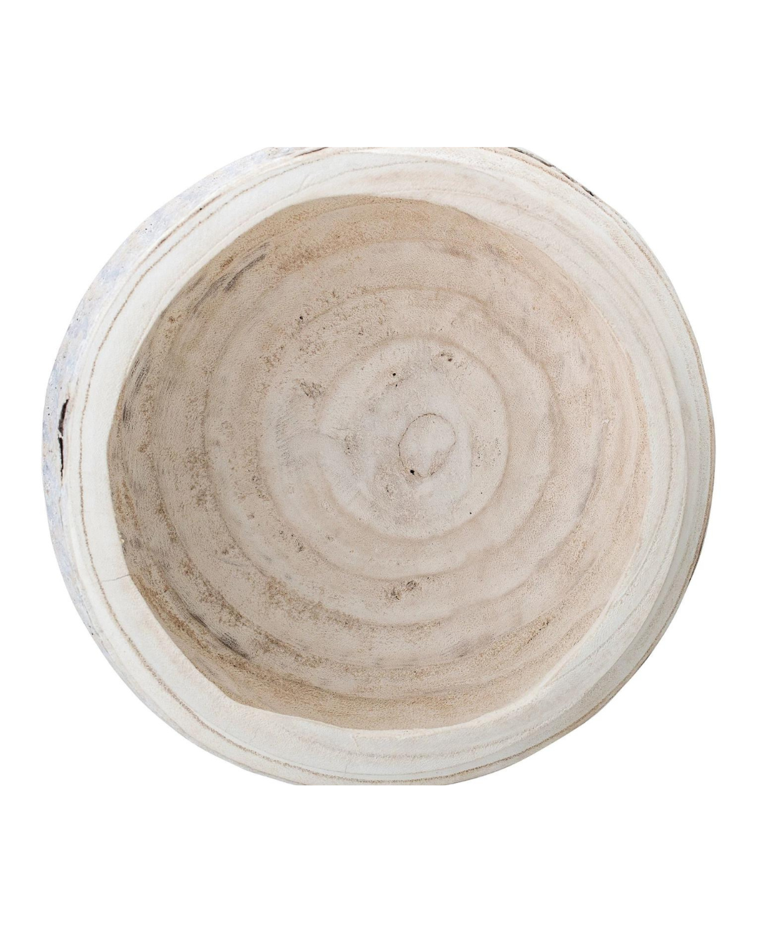 Top view of a Bloomingville Paulownia Wood bowl with natural rings and a white painted border, sourced from Scottsdale, Arizona. The surface shows visible wood grain and texture.