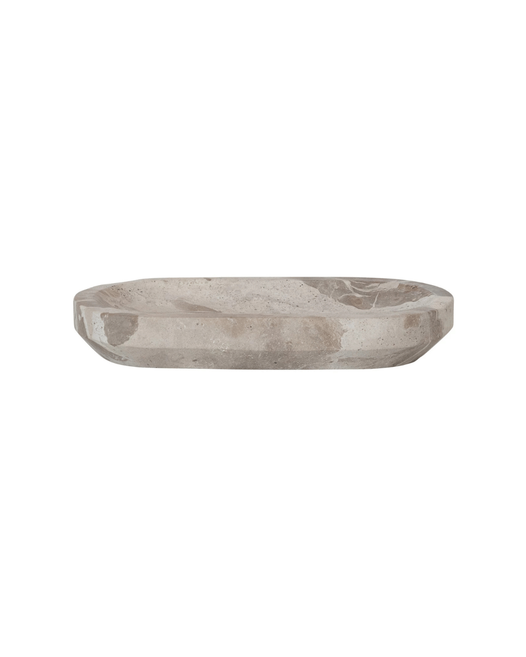 The Creative Co-op Marble Dish is an oval, buff-colored tray with tapered edges and a polished surface. It measures 9-3/4"L x 5"W and exudes minimalist elegance.