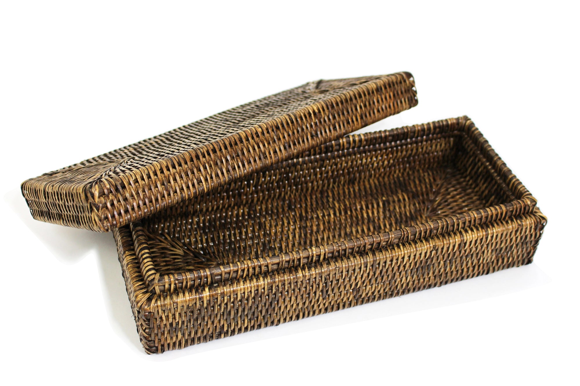 The Faire Rectangular Long Box w Lid is a brown woven storage box with a matching lid, shown partially open on a white background—ideal for sustainable storage and enhancing your home décor with handmade charm.