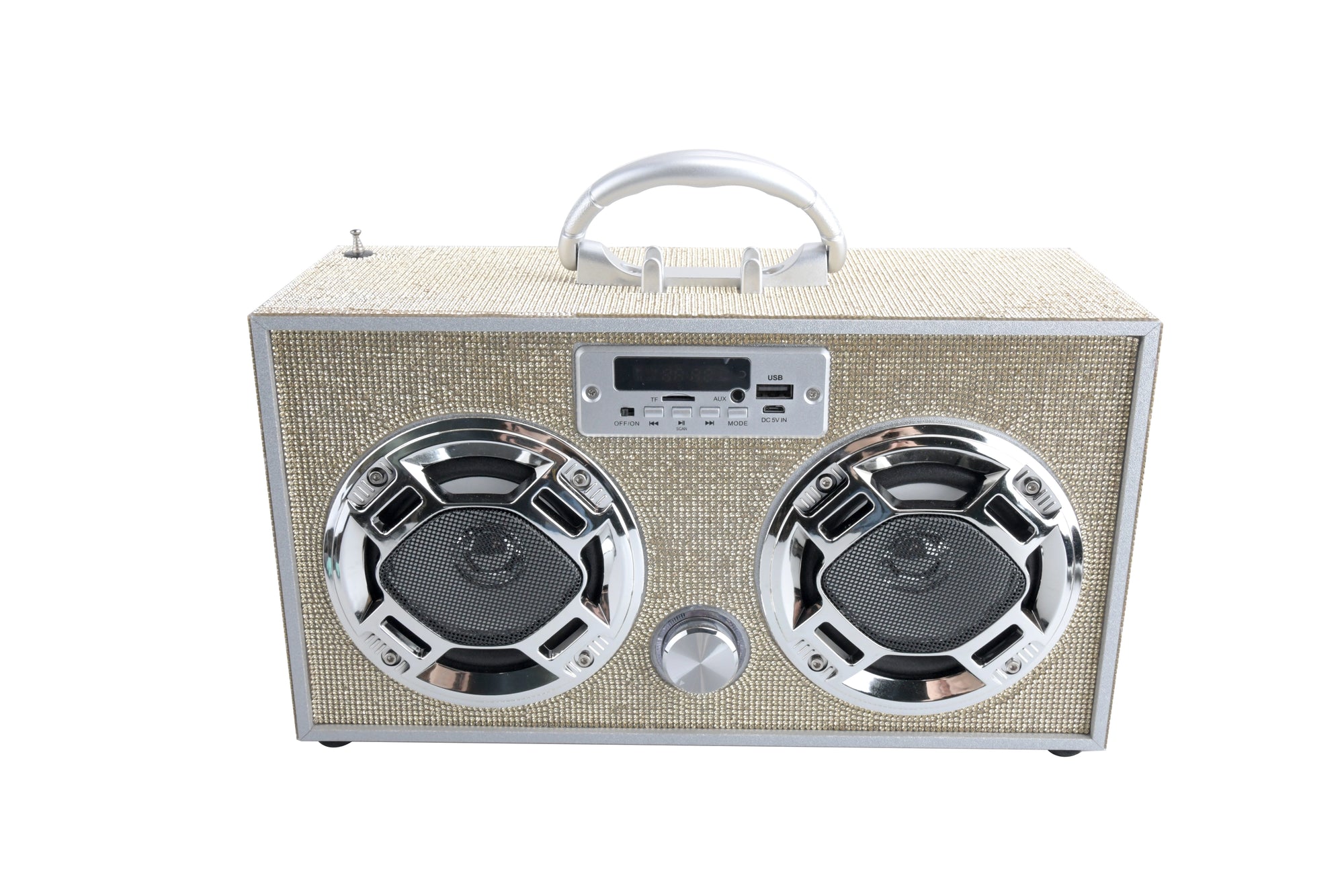 The Faire Gold Bling Wireless Boombox with FM Radio features a beige textured exterior, two large circular LED light-up speakers, a central control knob, and a silver handle, all set against a white background.