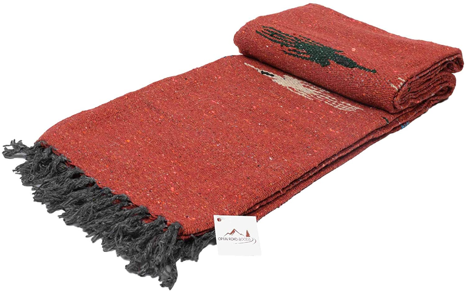The Rust Red Baja Thunderbird Mexican Blanket by Faire is a handmade, woven yoga blanket from Mexico, featuring black and beige patterns, black fringed edges, and an attached tag for authentic style and warmth.