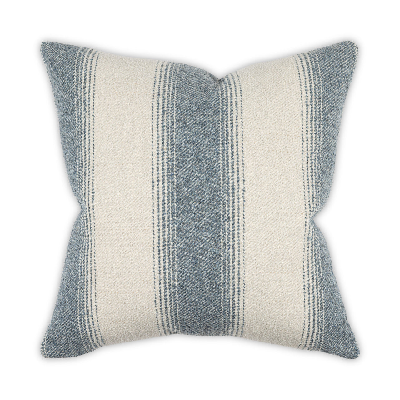 The Moss Studio Reed 24x24 Pillow features a plush, textured fabric with modern farmhouse off-white and blue-gray stripes. Its neatly finished edges make it a perfect cozy accent for any room.