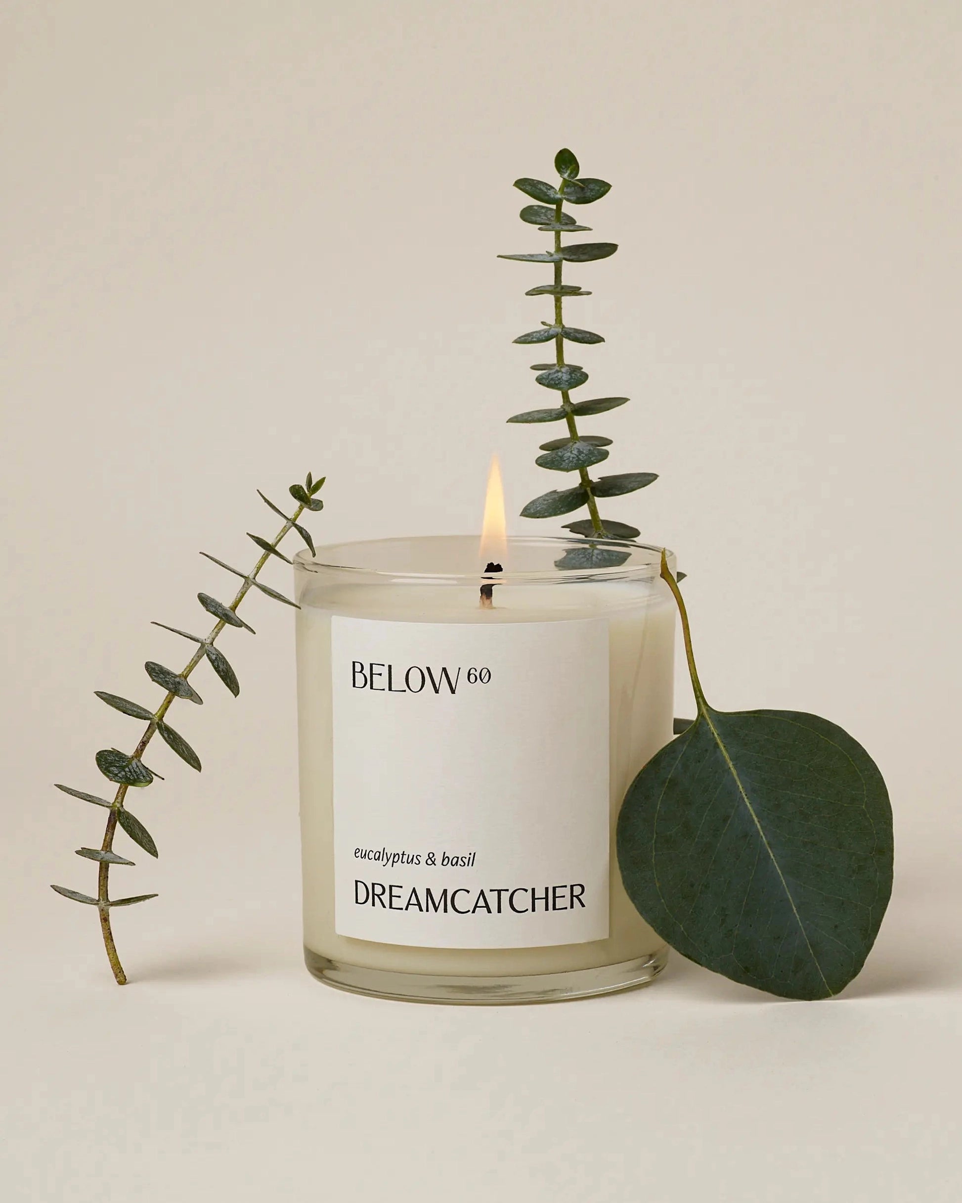 A lit Faire Below 60 Candle stands beside eucalyptus branches and a large eucalyptus leaf on a neutral background.