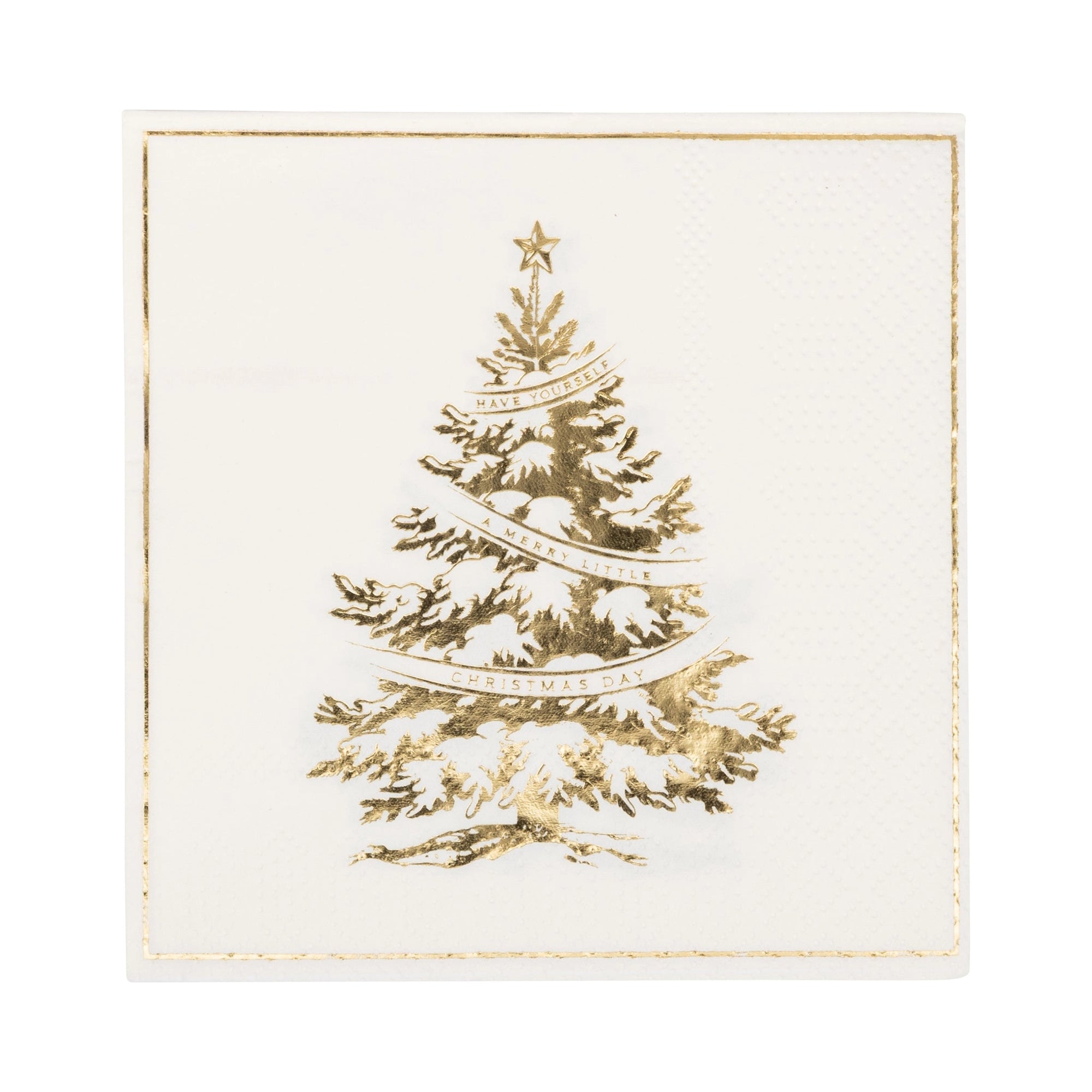 The My Mind's Eye Christmas Cocktail Napkin features a gold-foil Christmas tree with a gold star, ribbon accents, and a gold border—ideal for pairing with assorted napkins or other festive tableware.