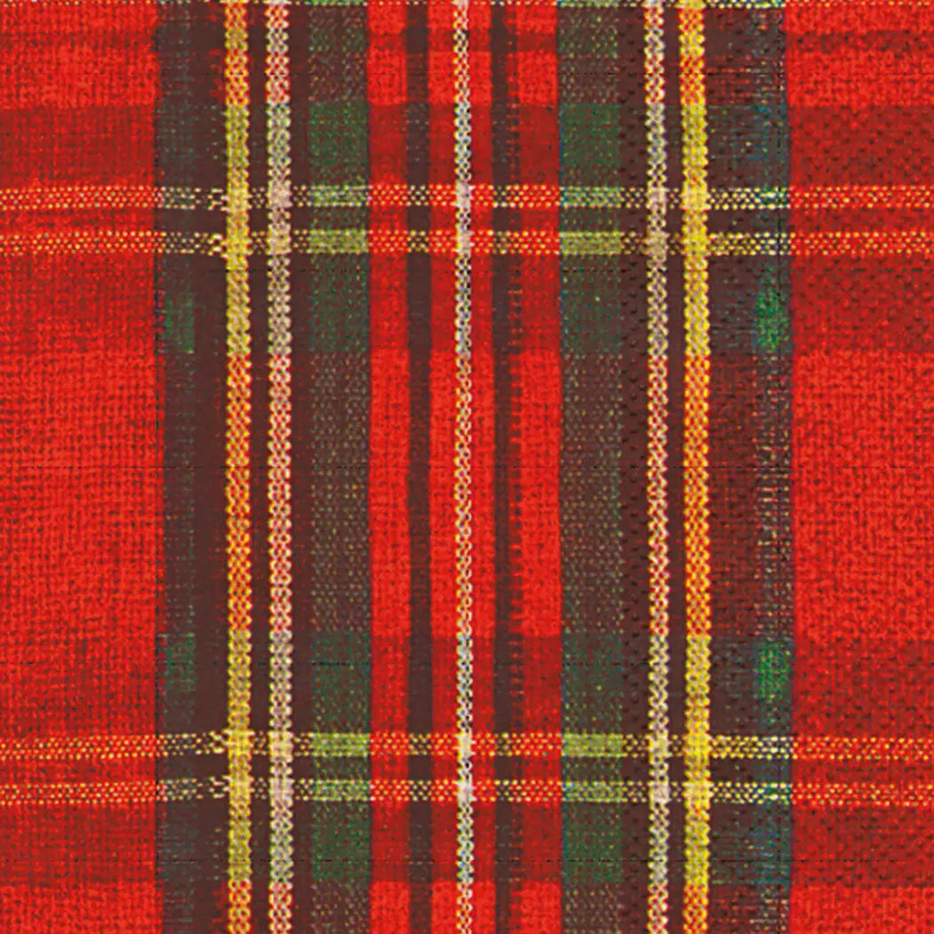 The Boston Guest Napkins by Faire feature a red tartan plaid with black, yellow, and green intersecting lines. Showcasing a classic Scottish motif, these napkins measure 8.3 x 4.5 x 1 in and have a textured surface.
