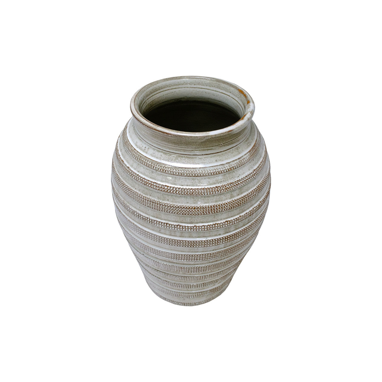 The Jaxton Short Vase by The Import Collection features textured horizontal ridges and a wide opening in gray and beige tones, highlighting exceptional ceramic craftsmanship against a plain white background.