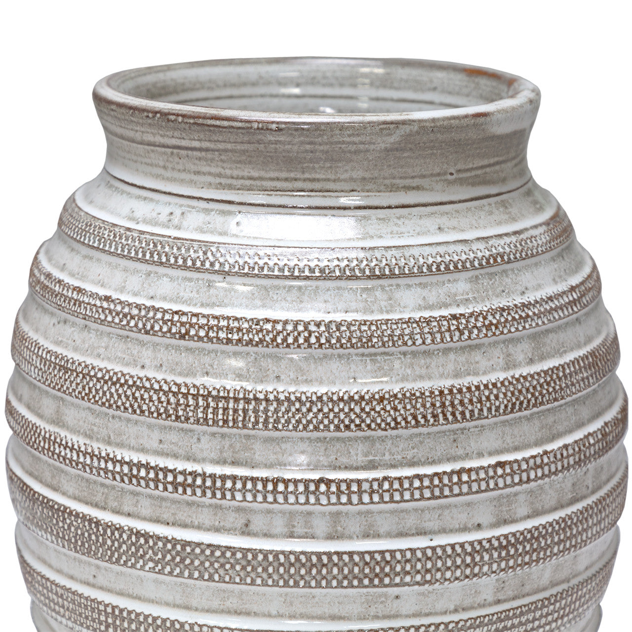 A close-up of The Import Collection’s Jaxton Short Vase highlights its ceramic craftsmanship, featuring earthy gray and brown bands—some textured, some smooth—a subtle gloss finish, and a wide, slightly flared opening with timeless elegance.