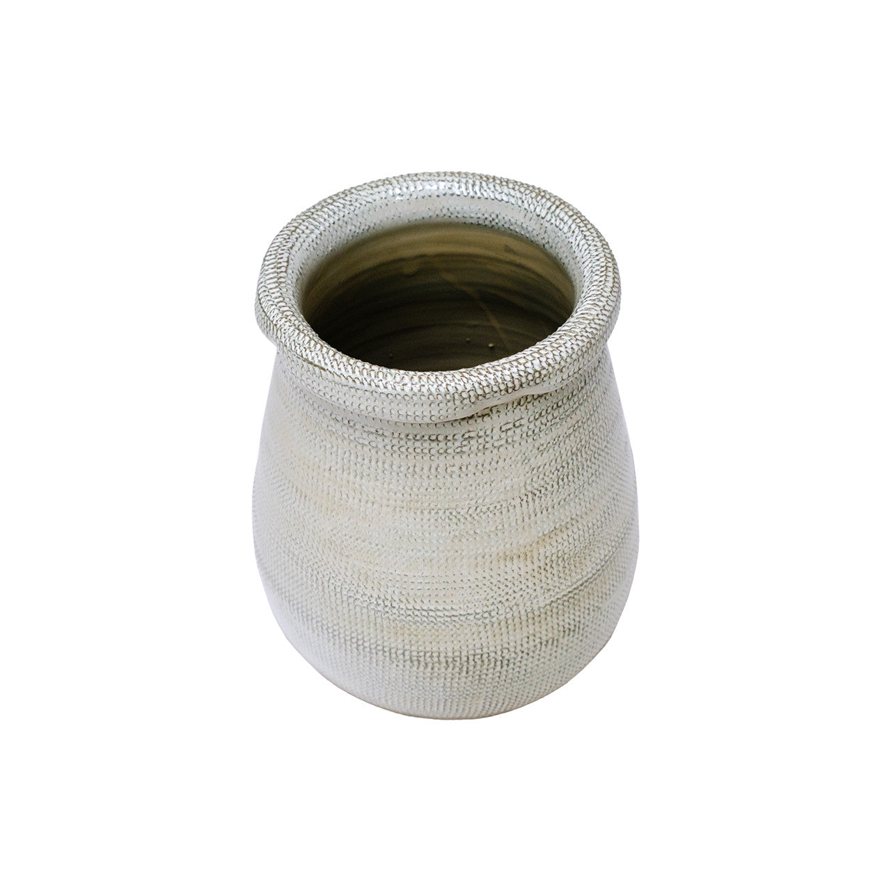 The Elpine Short Vase by The Import Collection is a handmade, light gray ceramic piece with a wide rim and textured surface, ideal for round tables and shown against a white background.