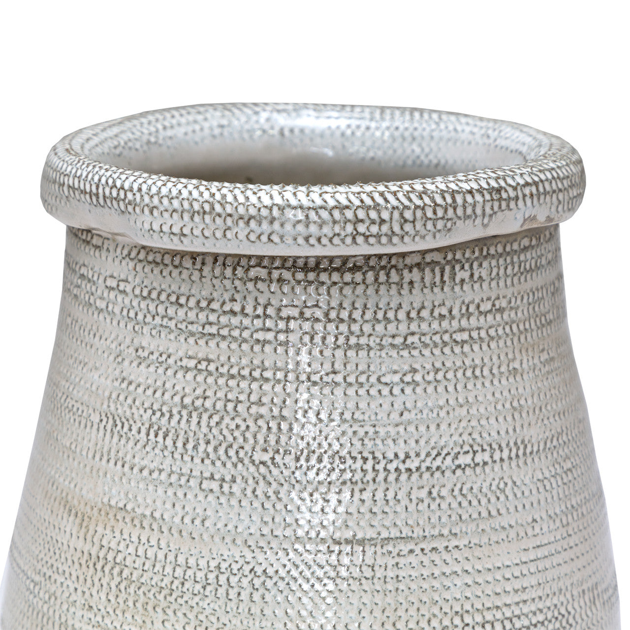 Close-up of the Elpine Short Vase by The Import Collection—a textured ceramic vase with a wide, rounded rim and light greyish tone, accented with small raised dots. Perfect as a centerpiece for any round table.