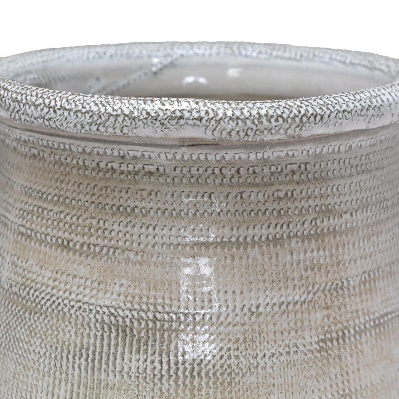 Close-up of the Elpine Tall Vase by The Import Collection—a textured ceramic vase in light beige, featuring a round rim and raised dotted and horizontal line patterns for a handcrafted, rustic accent.