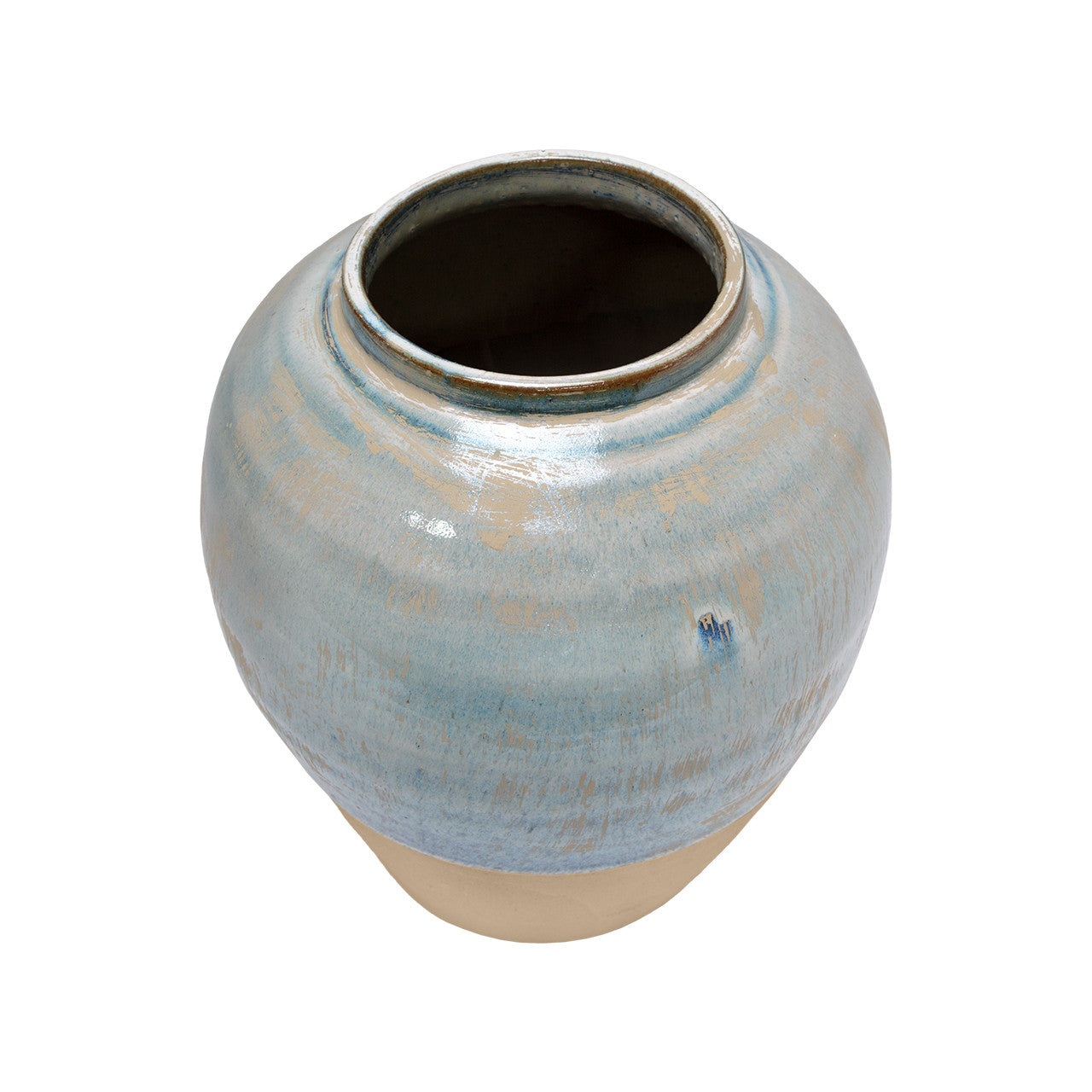 The Import Collection's Moroson Vase is a ceramic piece with a wide opening, glossy blue glaze on the upper half, and an unglazed beige base, shown against a white background.
