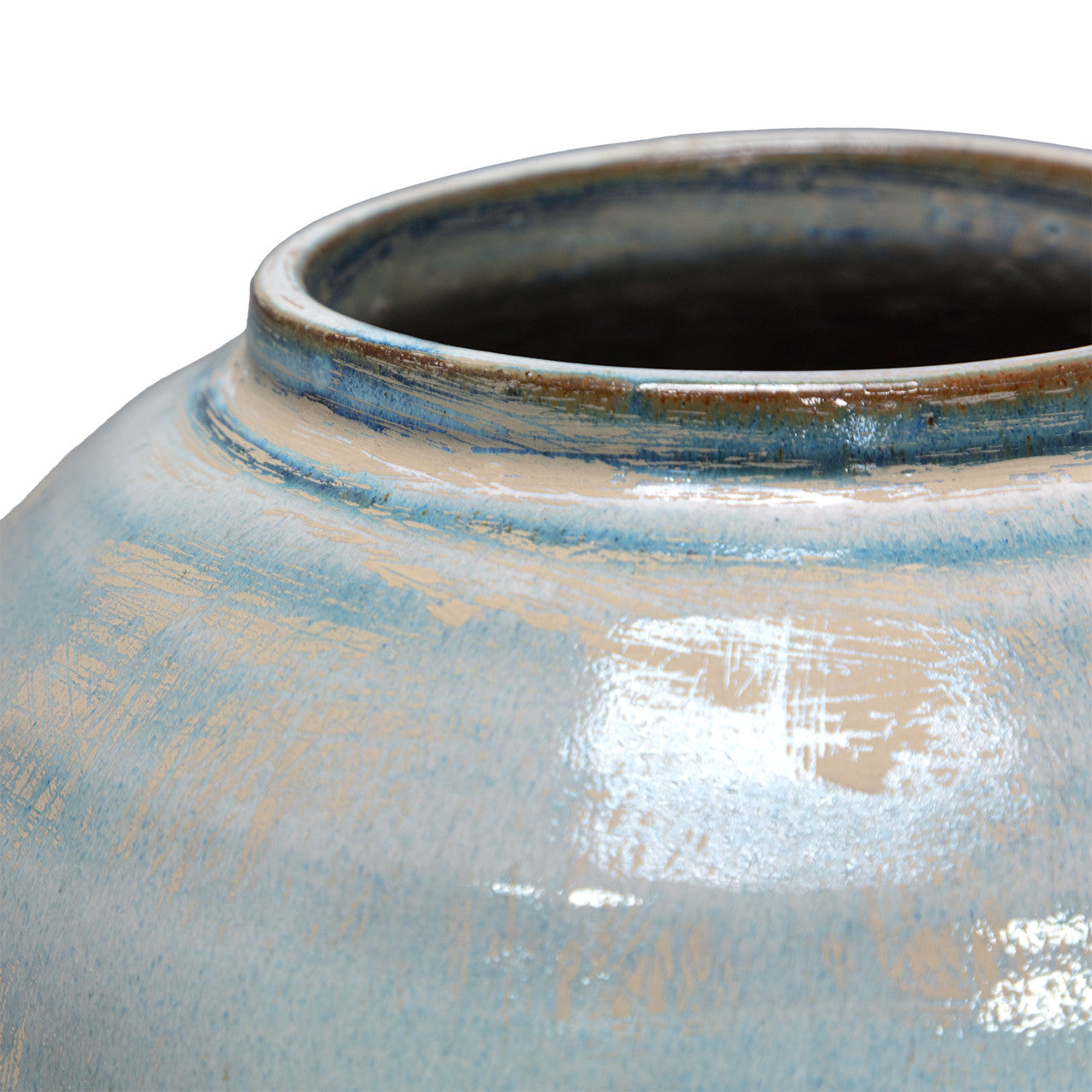 Close-up of the rim and upper section of the Moroson Vase by The Import Collection, a decorative ceramic piece with a glossy mottled blue and beige glaze, wide opening, and smooth, slightly textured surface.