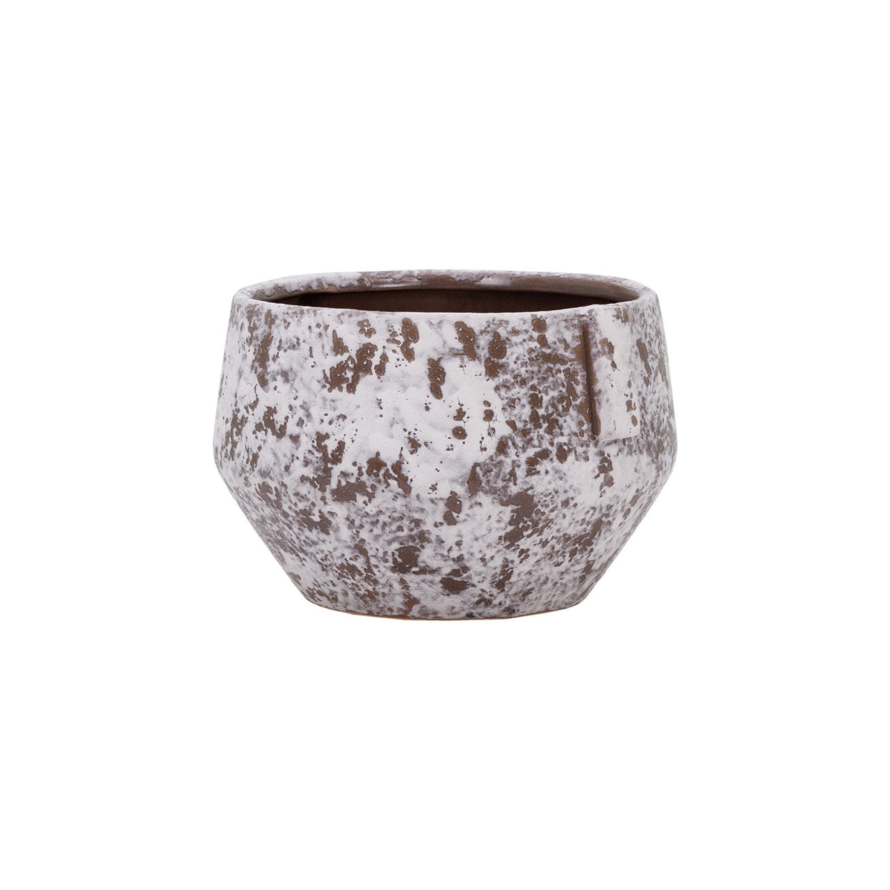 The Import Collection's Avidor Pot is a round, speckled ceramic planter with a wide base and tapered top. It features a mottled brown and white pattern for rustic charm, ideal for home decor, with a solid brown interior enhancing its allure.