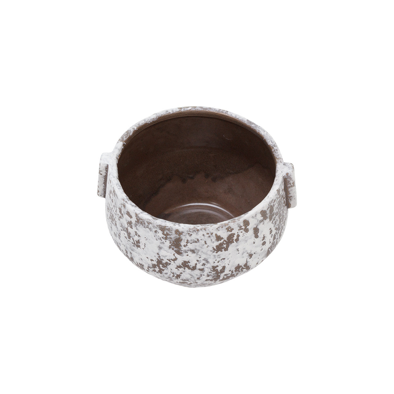 The Avidor Pot from The Import Collection is a round, rustic ceramic piece that serves as a decorative planter. It features a crackled finish for an artisanal look and has a speckled white and brown exterior with a smooth dark interior and two small handles for added functionality.