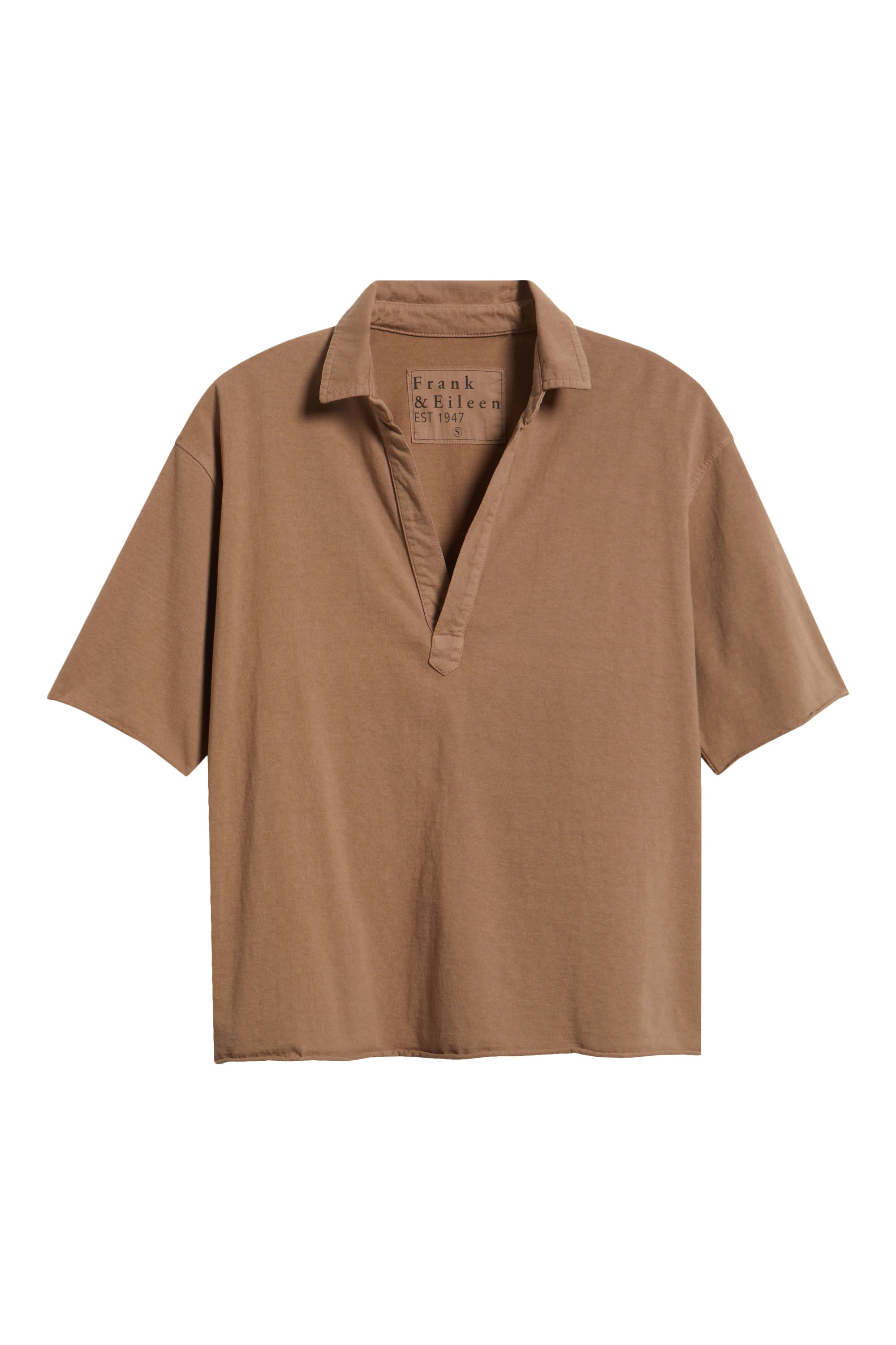 Chai short sleeve Henley with deep v-neck by Frank &amp; Eileen, lightweight popover style on white background.