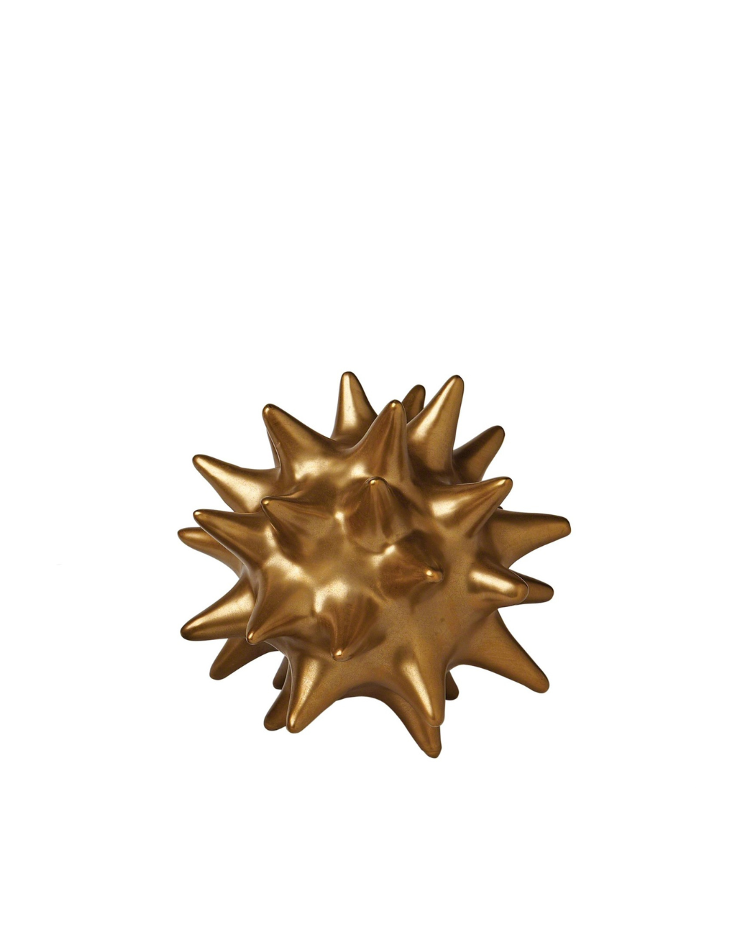 The Urchin-Antique Gold Large sculpture by Global Views features a golden, spiky abstract design with an antique gold finish, resembling a sea urchin or starburst against a pristine white background.