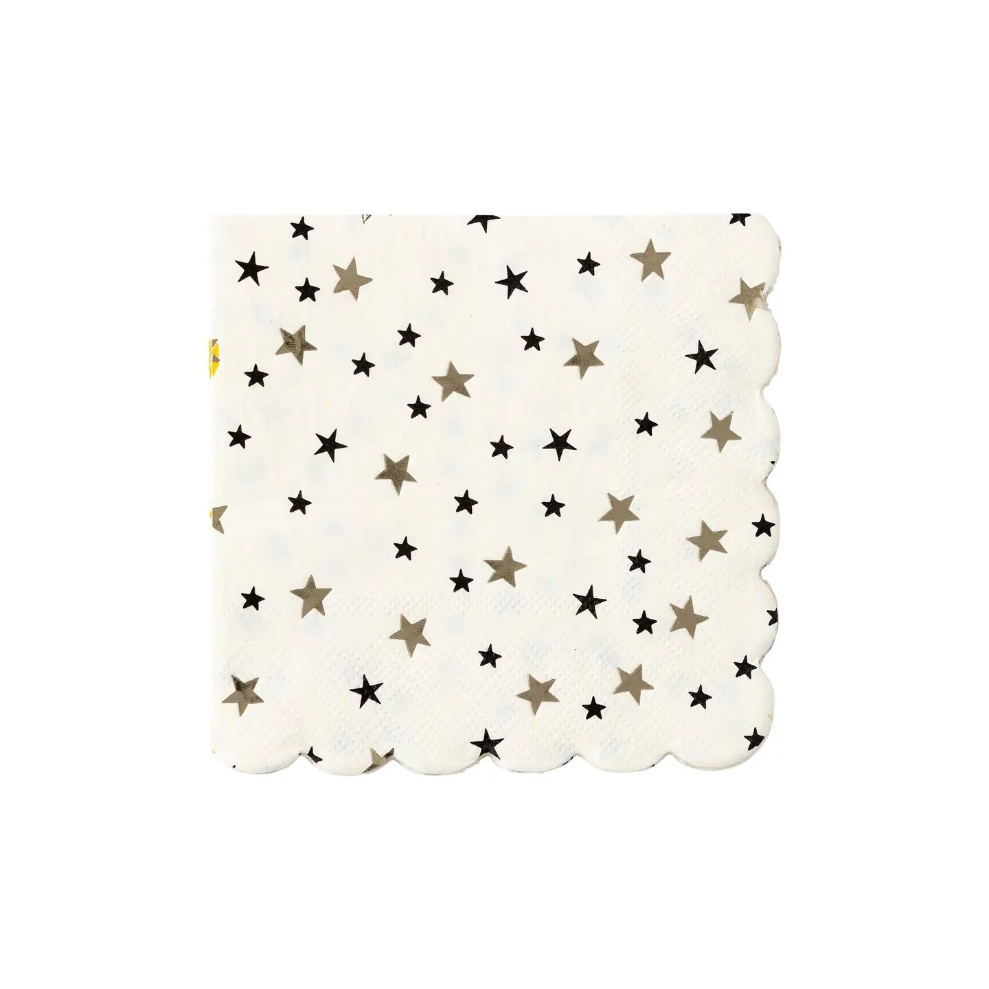 The MME Napkin by Faire is a square napkin showcasing a design of grey and black stars on a white background, complete with scalloped edges.