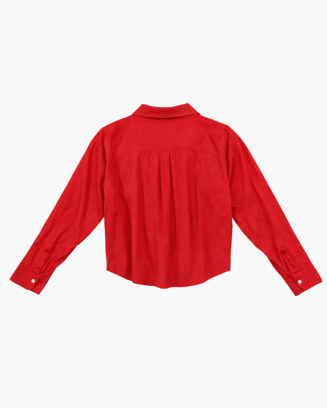 The Denimist SLIM TWISTED FRONT BEACH SHIRT is displayed from the back, showcasing its red linen-cotton blend, collar, pleated detailing below the yoke, and buttoned cuffs on a plain white background.