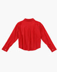 The Denimist SLIM TWISTED FRONT BEACH SHIRT is displayed from the back, showcasing its red linen-cotton blend, collar, pleated detailing below the yoke, and buttoned cuffs on a plain white background.