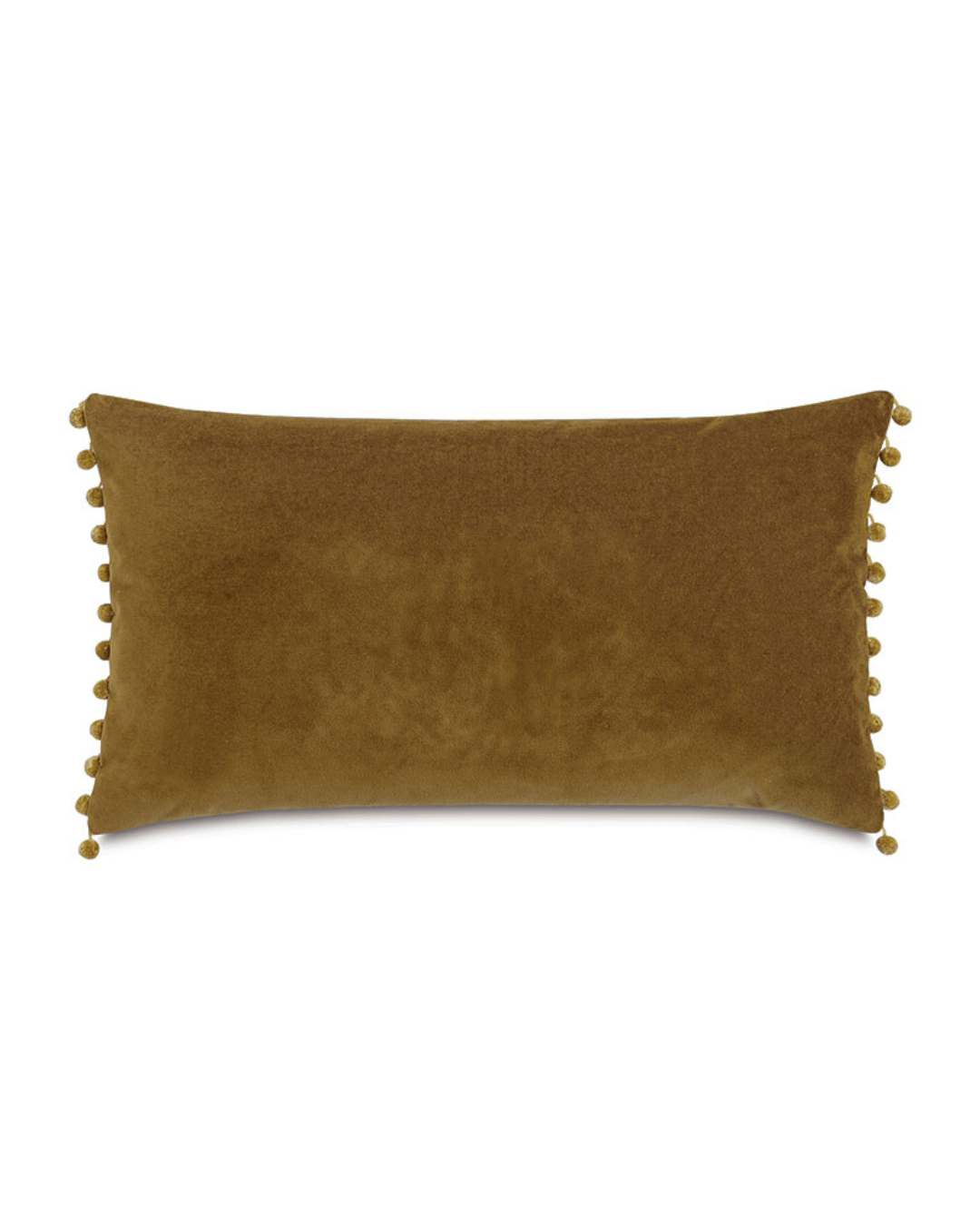 The CITRINE FROU FROU 15X26 by Eastern Accents is a rectangular pillow made from luxurious mustard-colored cotton velvet, featuring small pom-pom details along its edges. Pillow inserts ensure lasting comfort against the plain white background.