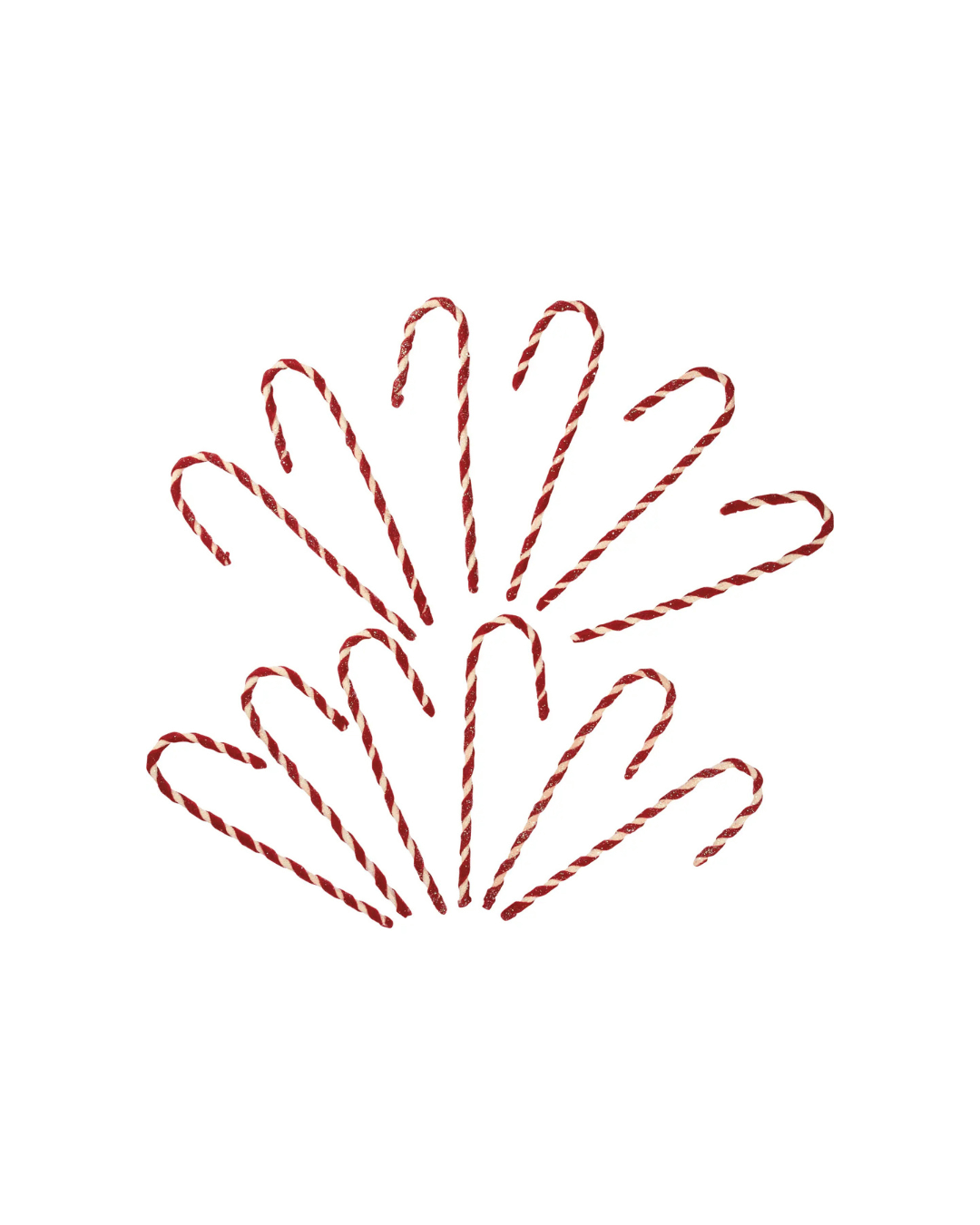 The Candy Cane fabric ornaments by Faire, with their red and white stripes arranged in a fan shape on a white background, make the perfect festive table display.