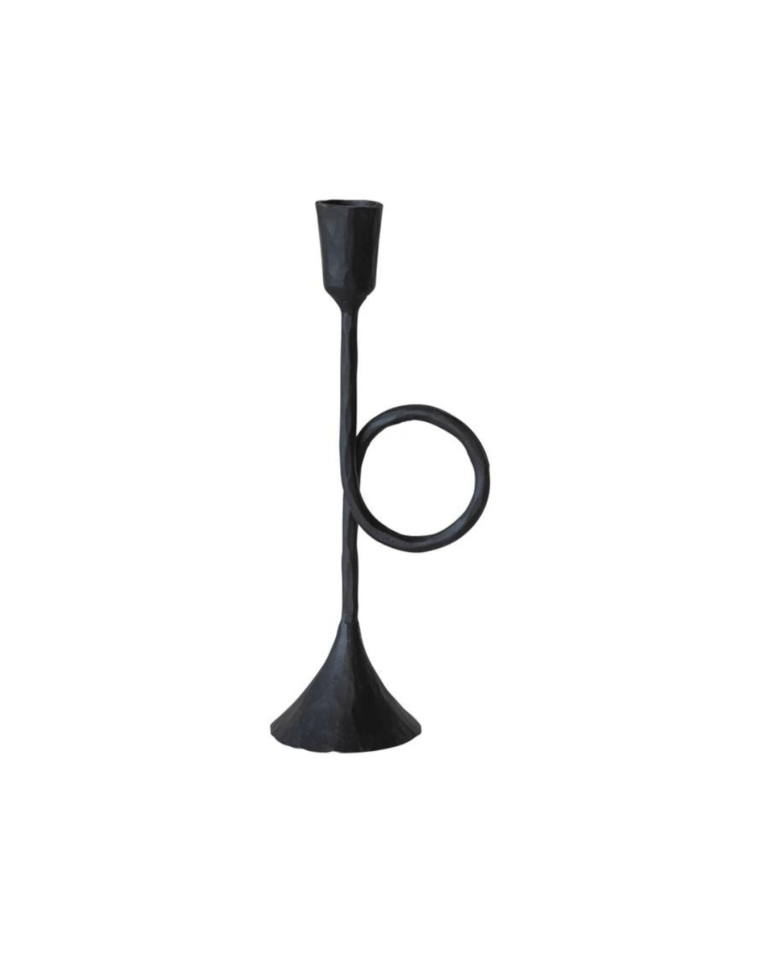 The Taper Holder w/ Handle by Creative Co-op is a hand-forged, black metal candleholder with an abstract design featuring a looped handle at the center and a flared base, which tapers to hold a single candle at the top.