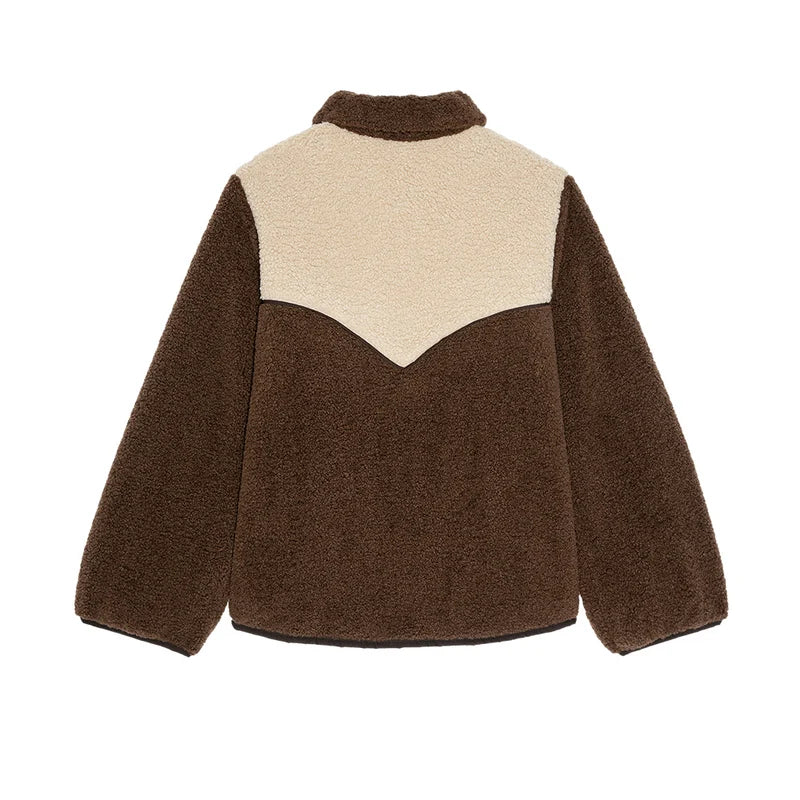 Brown sherpa jacket with cream yoke and long sleeves by The Great Inc., Western style, straight hem.