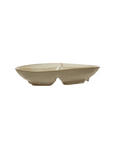 The Creative Co-op Stoneware Peace Sign Dish is a beige, oval-shaped piece with four small feet and a slightly textured surface. Its minimalist design features a reactive glaze for an enhanced appearance.