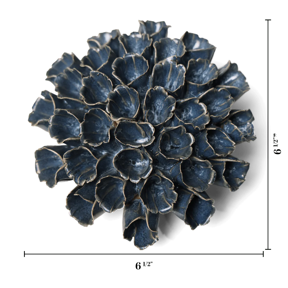 The Sea Polyp Large Blue Grey by Chive Ceramics is a handmade, flower-shaped pottery piece in dark blue-grey with ruffled edges, measuring 6.5" wide by 6.125" tall, shown from above against a white background with measurement lines.